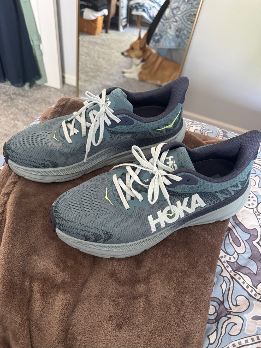Hoka Teal and White mens Running Shoes with Neon Accent